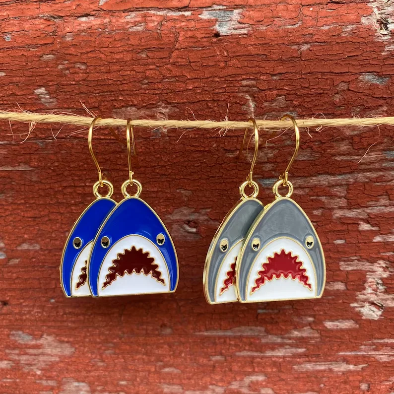 1 Pair Enamel Shark Teeth Jaws Unique Novelty Dangle Earrings