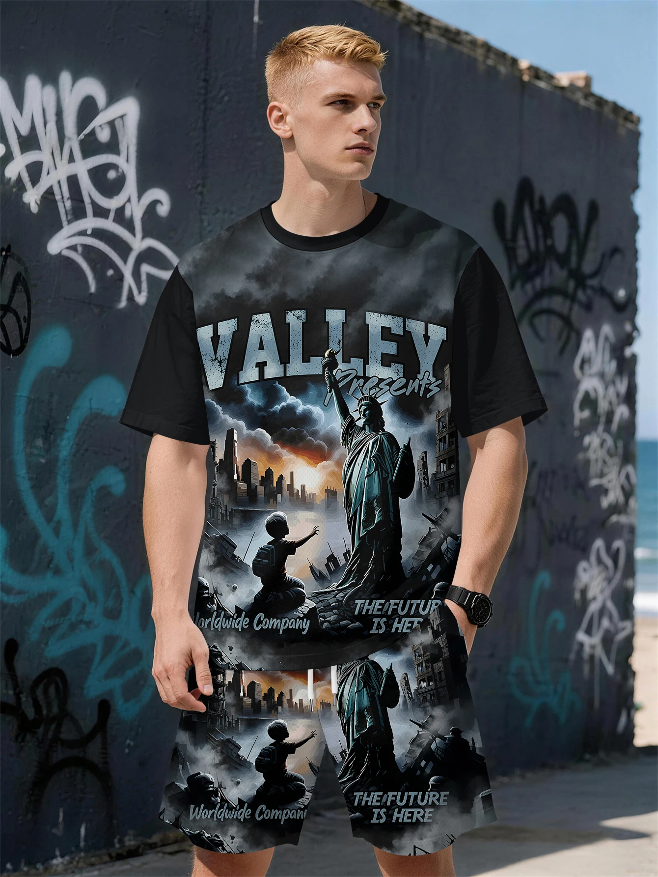 

2026 Summer Men's Suit with 3D Printed Pattern Breathable and Lightweight Casual Roller Skating Hip-Hop Men's Clothing