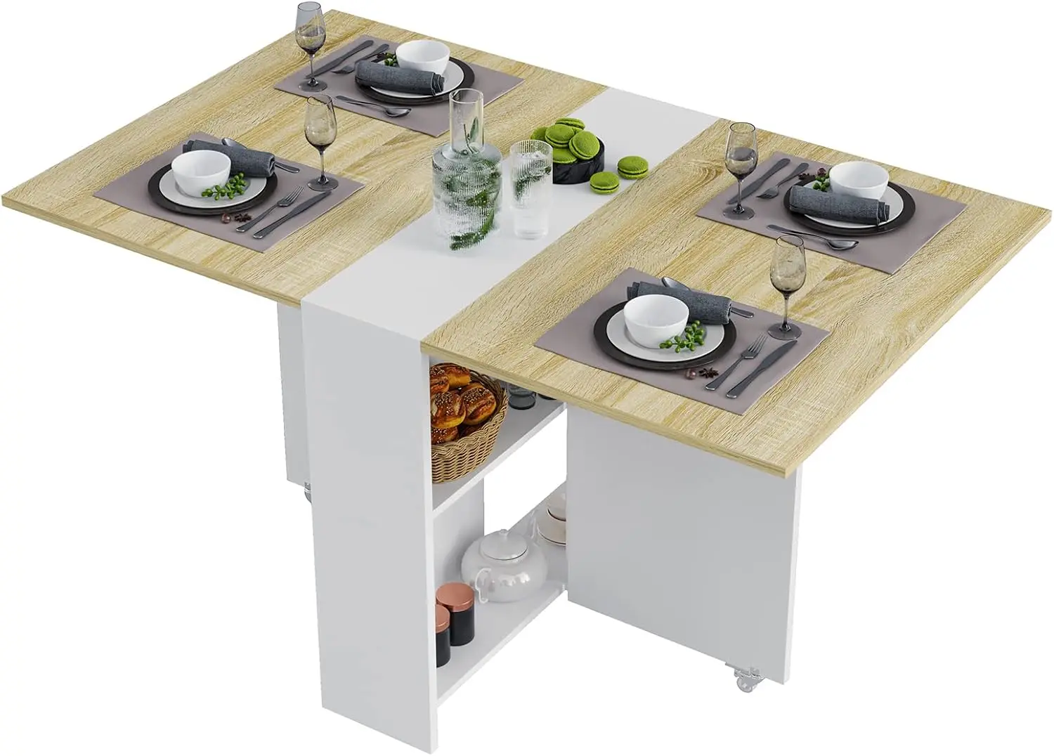 Folding Dining Table, Versatile Dinner Table with 6 Wheels and 2 Storage Racks, Space Saving Dining Room Table