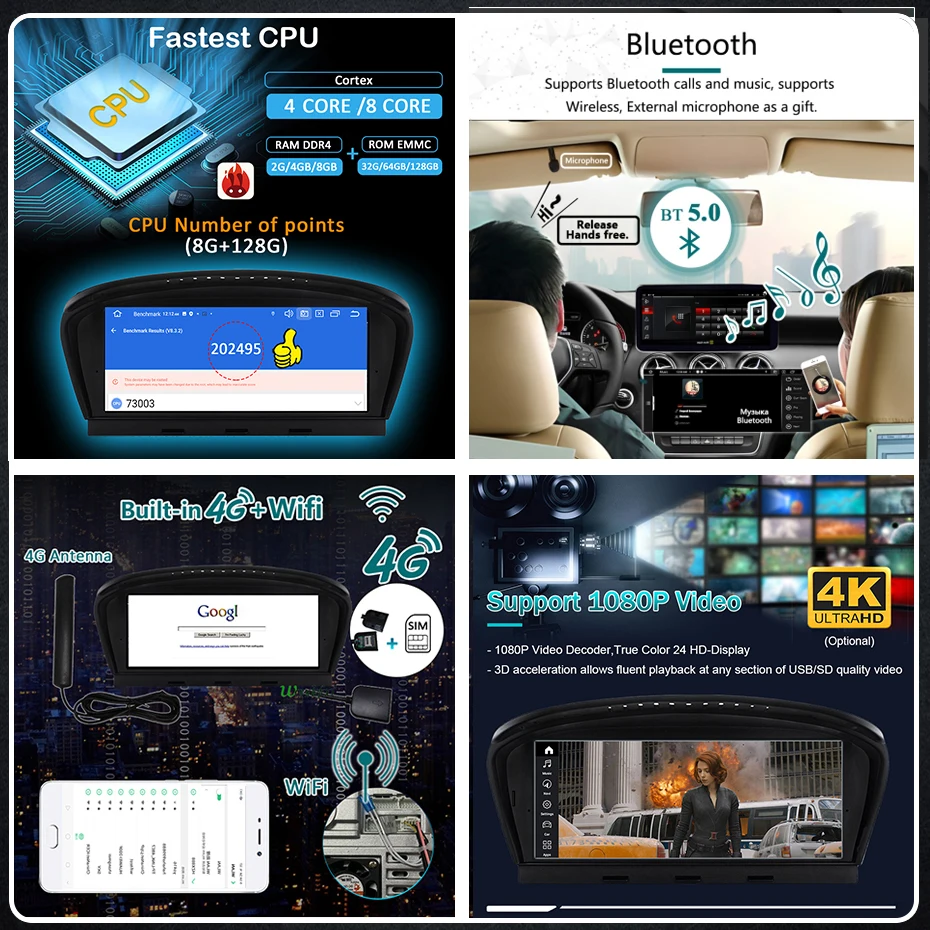 Radio con Pantalla Android 15 para BMW E60 E61 E63 E64 E90 E91 Serie 3/5, Carplay, Android Auto, Reproductor Multimedia Estéreo, GPS, 4G LTE 6