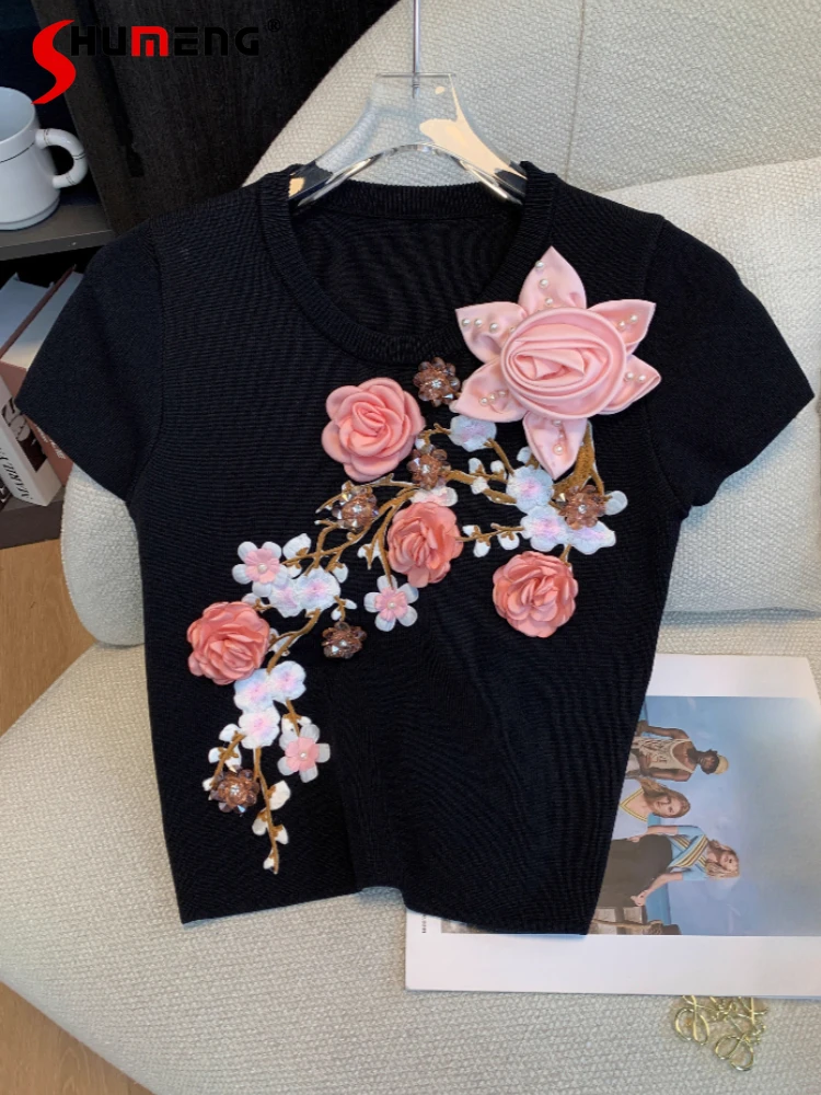 

Fashion Three-dimensional Flower Tops Women's 2025 Summer New Slim Temperament Casual Versatile Round Neck Short-sleeve T-shirts