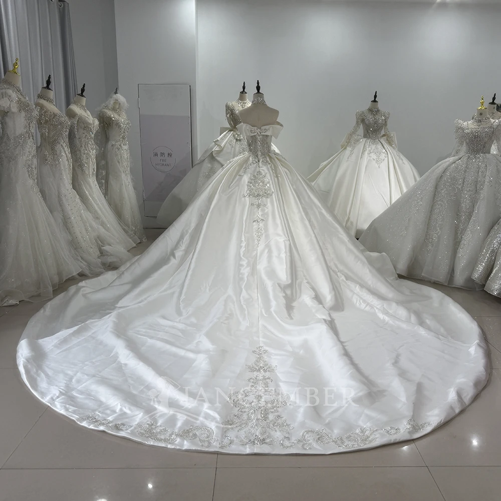 Customized Sparkling Strapless Satin Wedding Dress Floral Factory Wholesale Short Sleeves Beading Bridal Gowns vestido novia