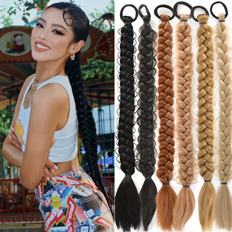 

Synthetic Elegant 2pcs Long Braided Ponytail Extensions with Elastic Band - 24inches Braid Hair for Women Hair Accessories
