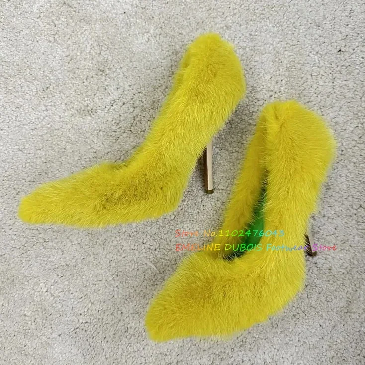Yellow Fluff High Heel Pumps Pointy Toe Luxury Stiletto Heel Solid Color Slip On Elegant Catwalk Party Dress Shoes Foe Ladies