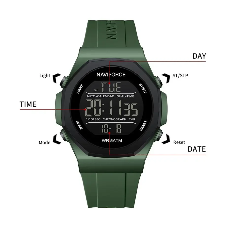 NAVIFORCE NF7117 Мужские спортивные часы на открытом воздухе с большим экраном ЖК-электронные водонепроницаемые светящиеся военные цифровые наручные часы