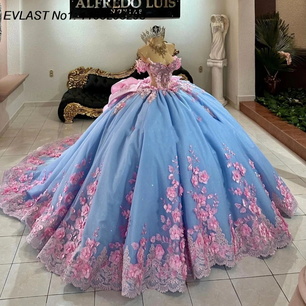 EVLAST Customized Blue Ball Gown Quinceanera Dress Pink Floral Lace Applique Beading Crystal Sweet 16 Vestidos De 15 Anos E1Q913