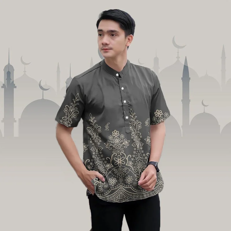 Batik Shirt Slim Fit 3D Printed Pattern Stand Collar Short Sleeve Men's Formal Shirt Top Shirt Suitable Ramadan Party Raya Theme