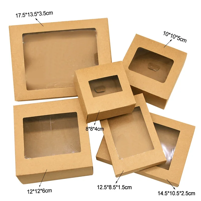 New 6Pcs Kraft Paper Cookie Candy Box PVC Window for Wedding Christmas Gift Boxes Packaging Decoration Birthday Party Supplies