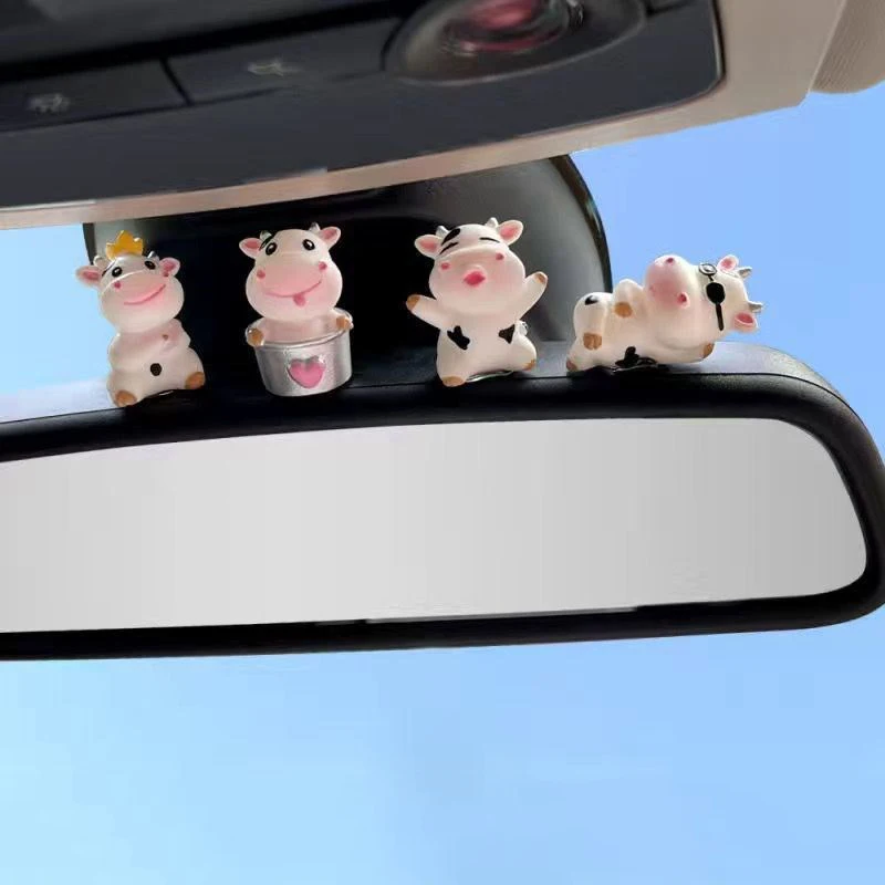 4Pcs Auto Cute Anime Plastic Cartoon Little Cow Car Accessories Gift Interior Hanging Ornament Rear View Mirror Decorations