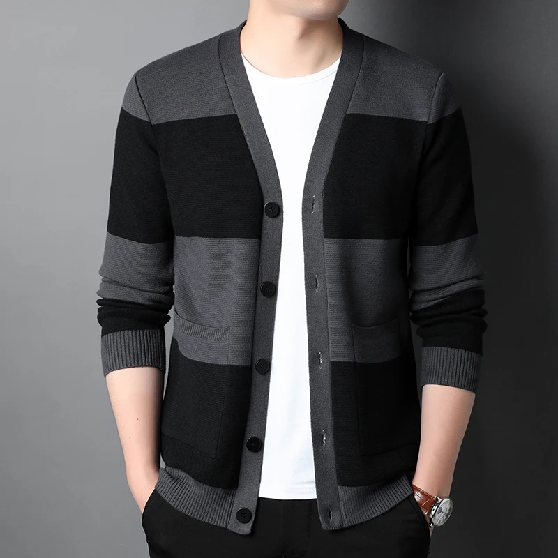 Cardigan Male Sweaters High Quality V Neck Computer Knitted Casual Striped Men's Sweaters Spring Autumn Man Sweaters 3XL