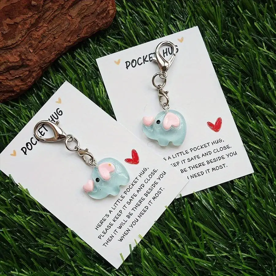 Adorable Mini Elephant Keychain Pocket Hug with Inspirational Card - Animal Lover Best Friend Gift Positive Gift Lucky Small Gif