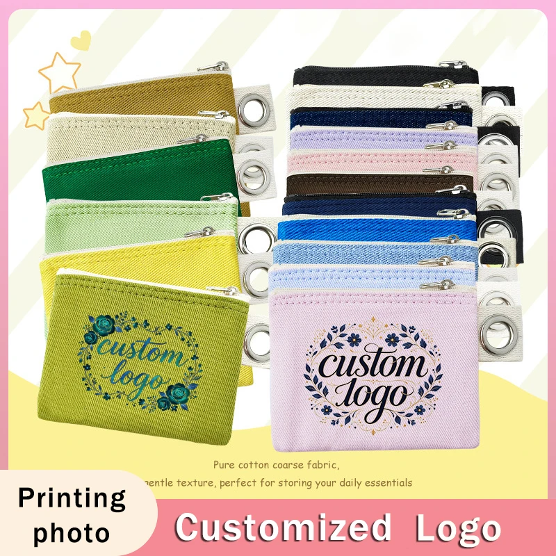 New Candy‑Color Canvas Pouch Custom Print Logo Ins‑Style Zipper Cosmetic Bag Portable Coin Purse Sundries Storage Bags with Hook