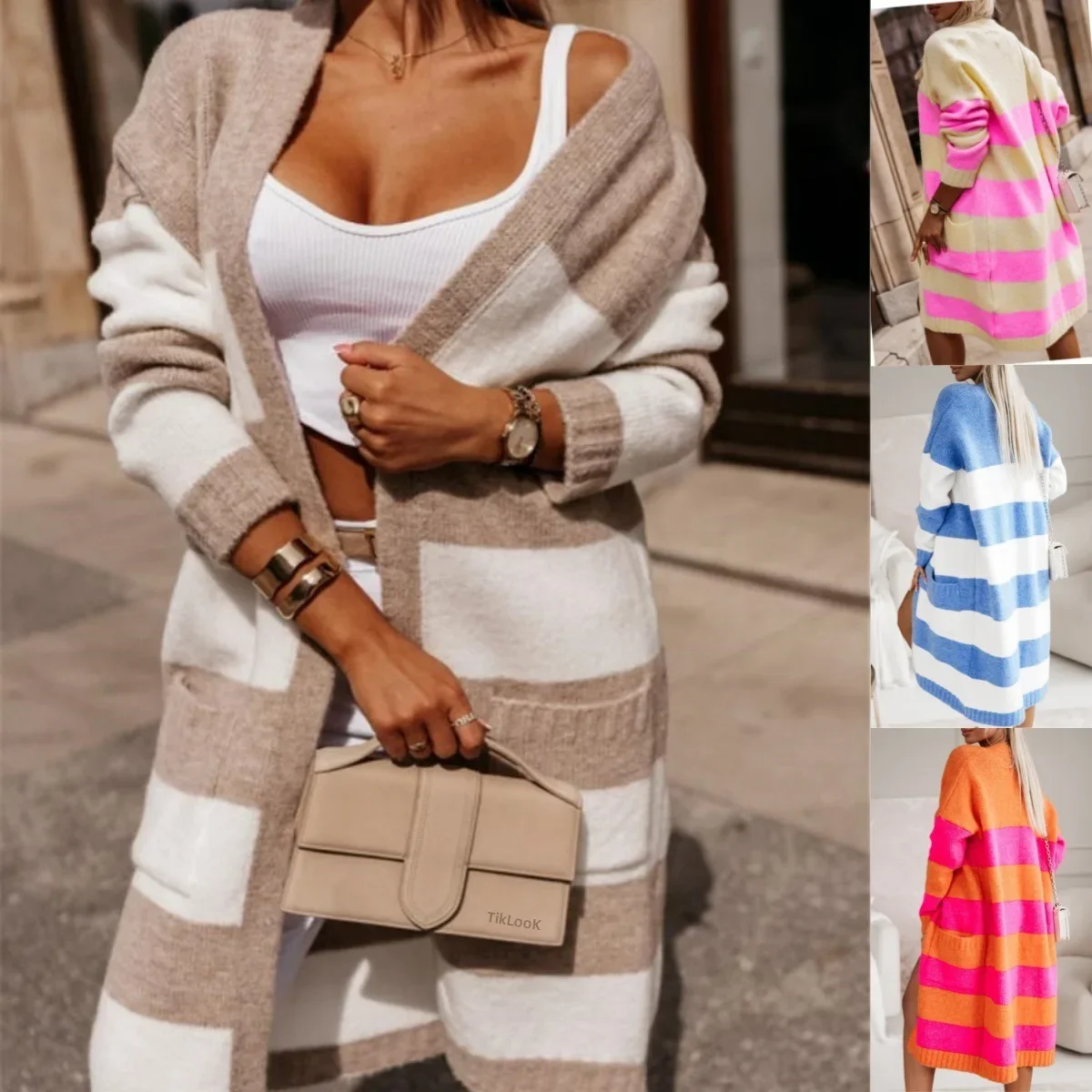 

Women Striped Sweater Cardigan Kintted Jacket Spring Autumn 2024 Crochet Loose Long Winter Maxi Warm Jumper Coat Cardigans