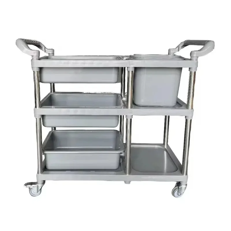 Economic Plastic Trolleys Stainless Steel Round Tube Well Priced Three Layer Collection Trolleys As Buffet Equipment