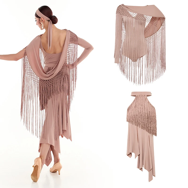 DUYQ Costumi da ballo per spettacoli di danza da sala Donne Nappe Tuta senza schienale Gonna con frange cave Abito da valzer moderno Indossando DN21675