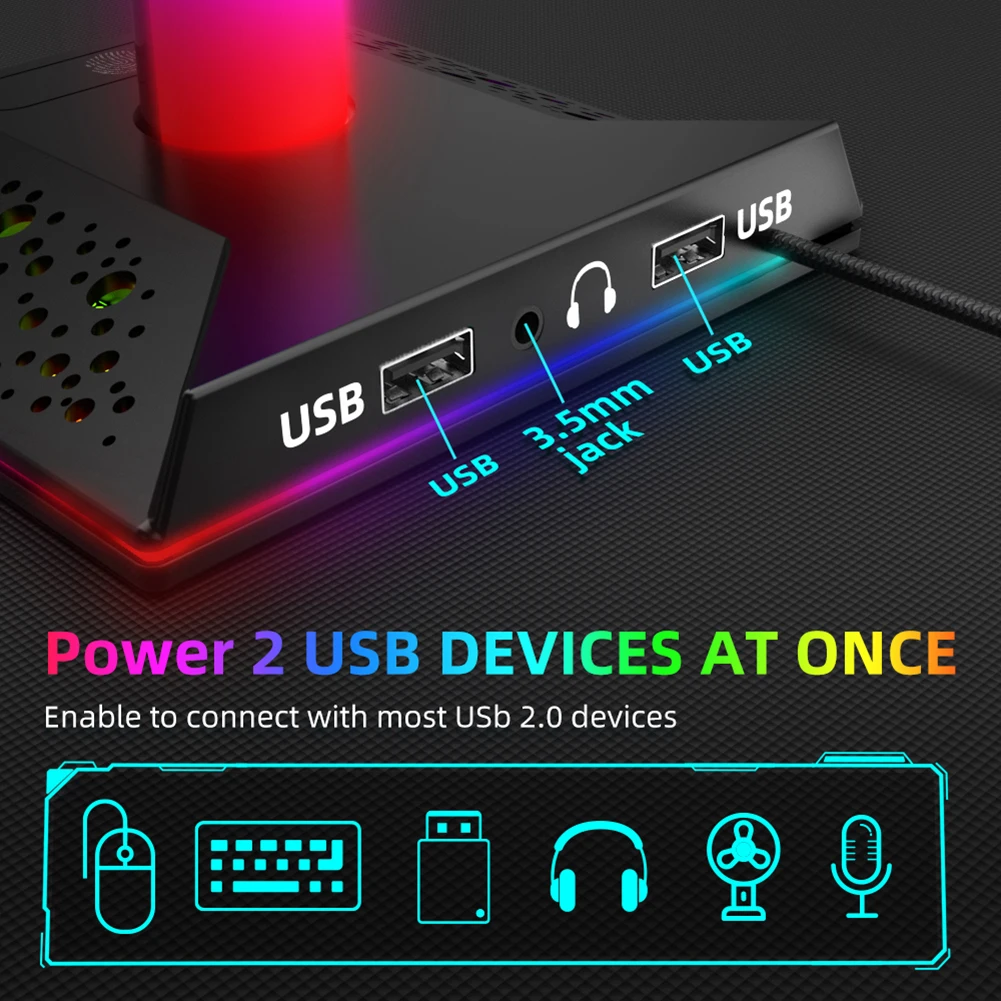 RGB ゲーミングヘッドフォンスタンドデュアル USB ポートプラスチックデスクトップディスプレイホルダー 3.5 ミリメートルオーディオタッチコントロールイヤホンアクセサリー