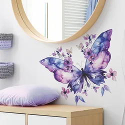 Purple Butterfly Flower Wall Sticker Bedroom Background Decoration Mural Living Room Decor Self-adhesive Decals Home Beautify