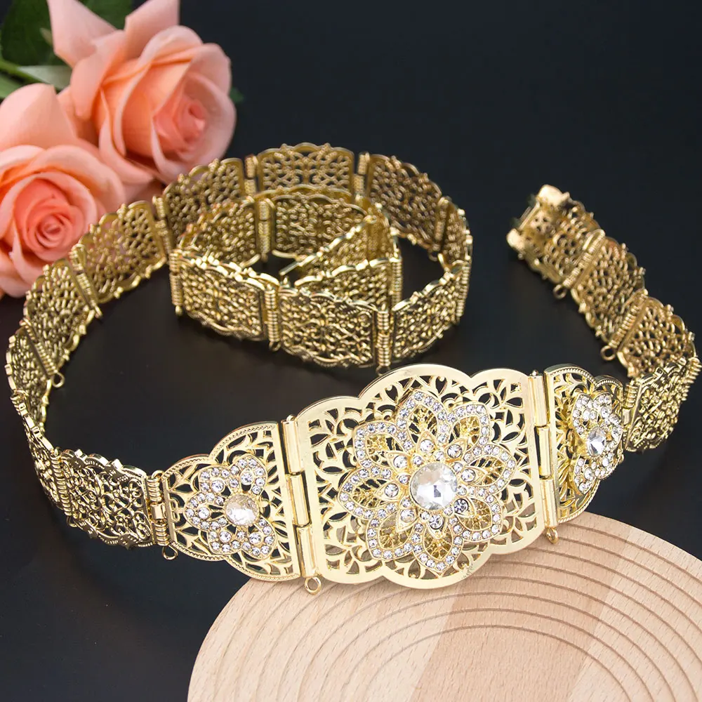 Poyasa Elegent Metal Women Belt Moroccan Caftan Waist Chain Belt Adjustable Length Hollow Arabic Pattern Crystal Cress Waistband