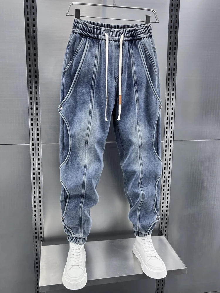 

Синие джинсы с завышенной талией, свободные брюки Харлан, мужские зимние повседневные брюки с эластичной резинкой на талии, молодежная одежда, удобные джинсовые свободные брюки