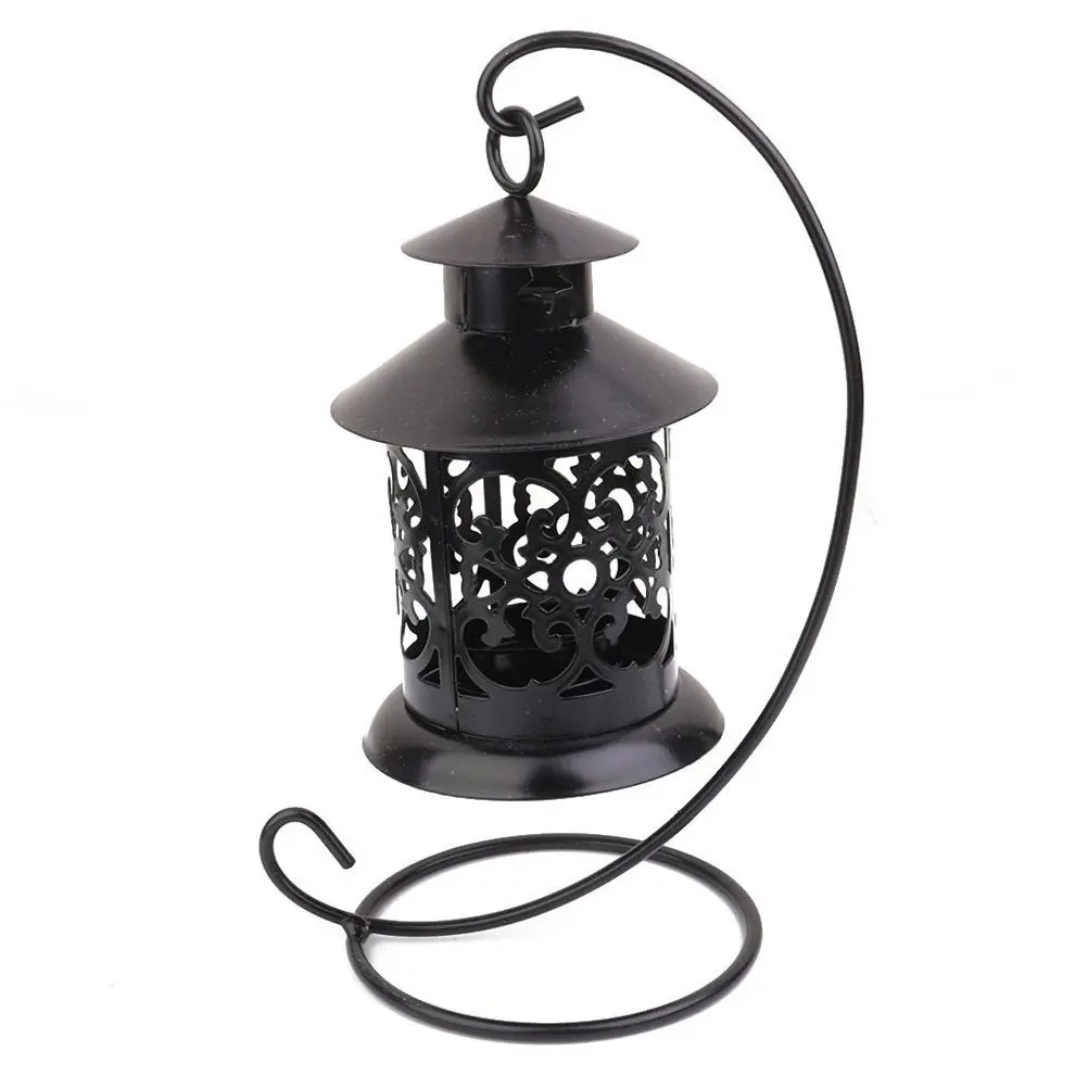 European Moroccan Retro Iron Art Candlestick Black Elegant Classic Hollow Decorative Holder for Bedroom Wedding Party