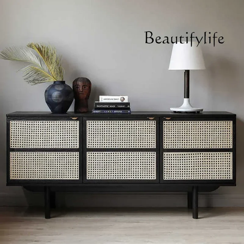 N Nordic Style Solid Wood Rattan Sideboard Cabinet Modern Minimalist Locker TV Bench for Bedroom