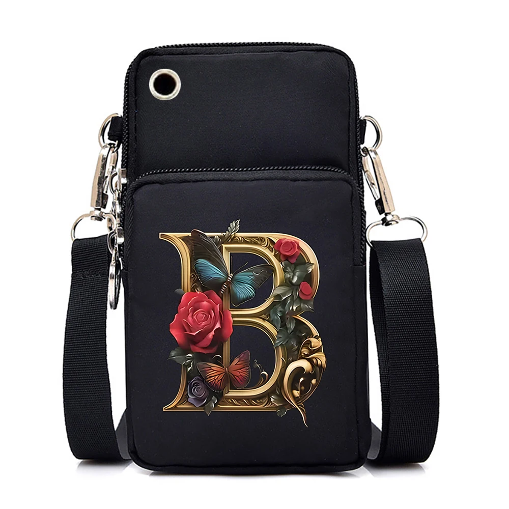 Women Small Crossbody Shoulder Bags Vintage Flower Alphabet Mobile Phone Bag Purse Soft Leather Strap Handbag Mini Messenger Bag