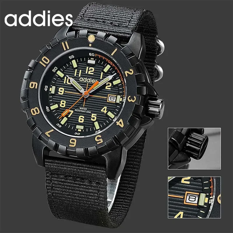 ADDIES Men Quartz Watch Fashion Outdoor Rotatable Bezel Nylon Strap 5Bar Waterproof Resistant Luminous Sporty Style Men Watch