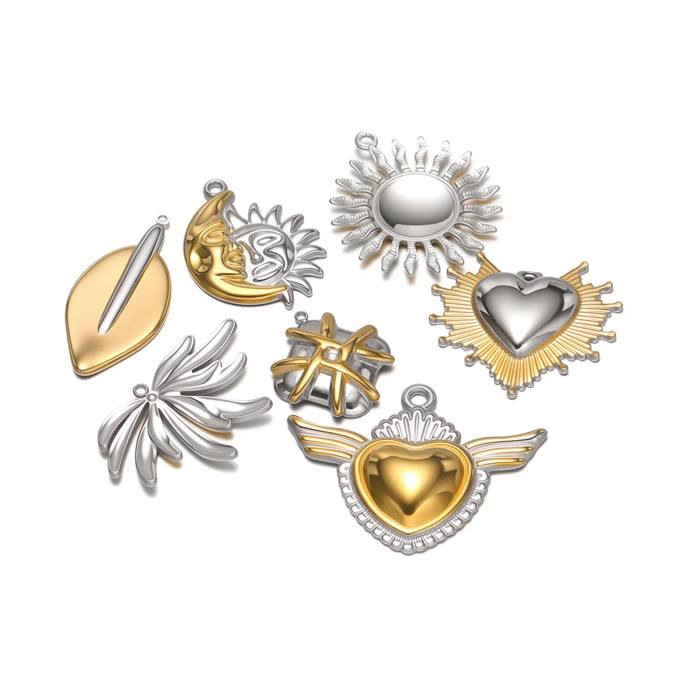4Pcs Gold Plated Stainless Steel Sun Moon Heart Pendants for DIY Jewelry Making Necklace Charms Bracelet Earrings Supplies Bulk view 2