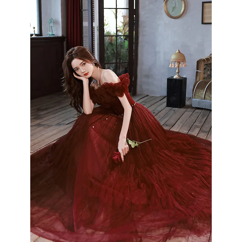 Off The Shoulder Prom Dress Classic Tulle Slim Lace Up Long Banquet Dresses Wine Red Cocktail Party Gowns Vestidos