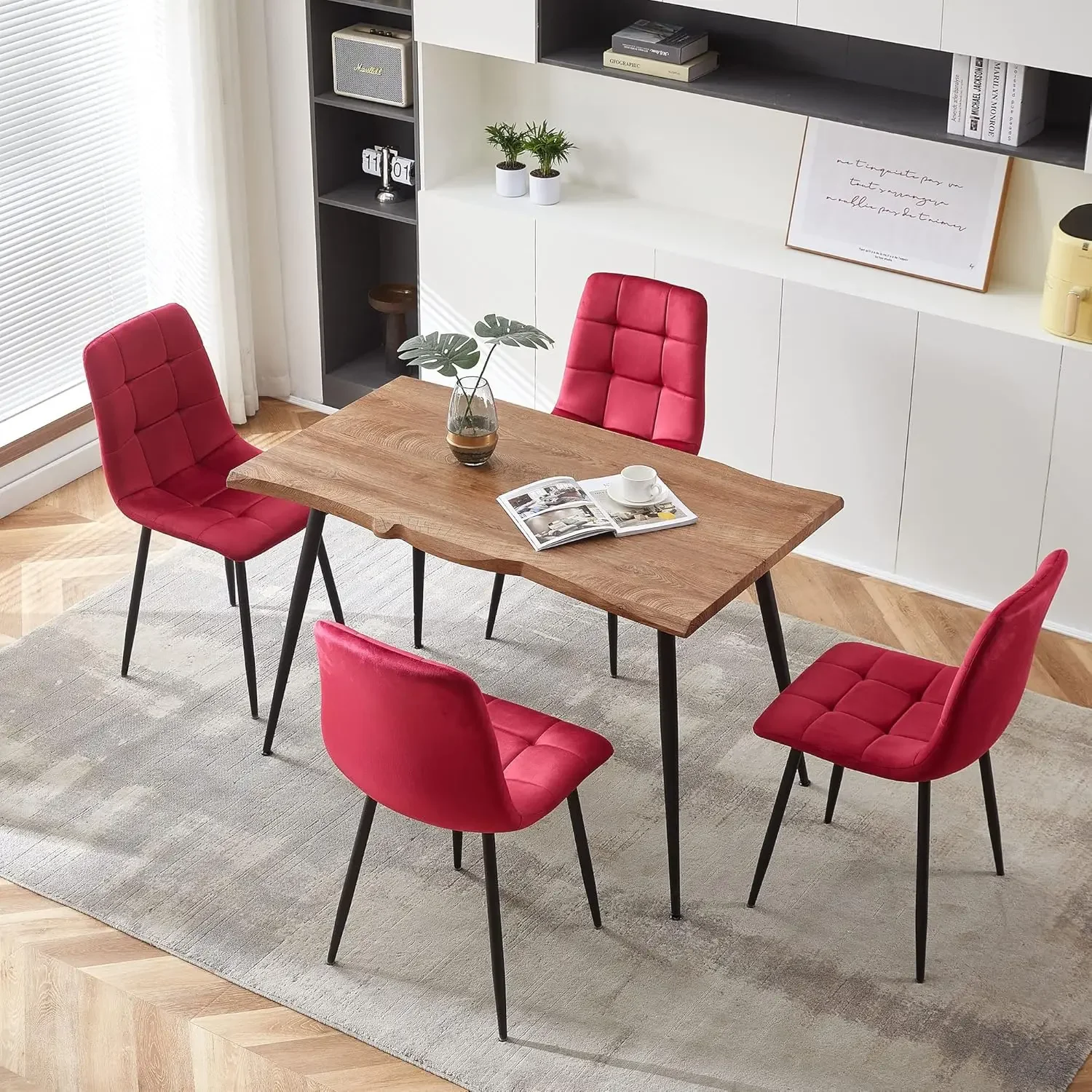 5-Piece Dining Table Set, 47 in Modern Irregular Rectangle Kitchen Table & 4 Burgundy Velvet Upholstery Side Chairs, Metal Legs