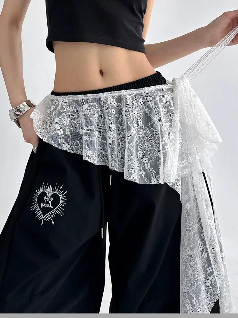 

Jeans Pants Decor Embroidered Flower Lace Mini Skirt Irregular See Through Ruched Skirts High Waist Harajuku Pleated Skirts