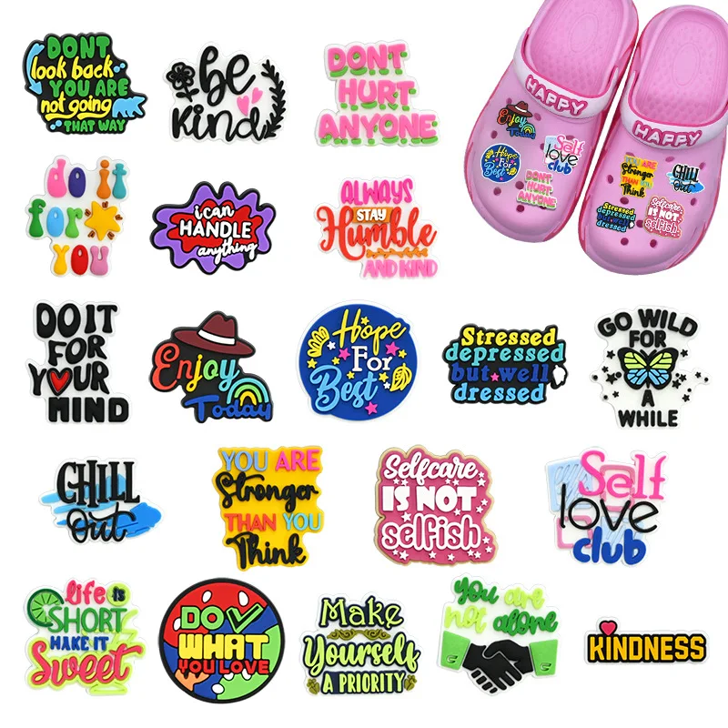 1/20 pièces Breloques de chaussures en PVC avec textes positifs et encourageants, pour la bien-être, pour sandales ou claquettes, ornements décoratifs DIY, cadeau quotidien pour femme