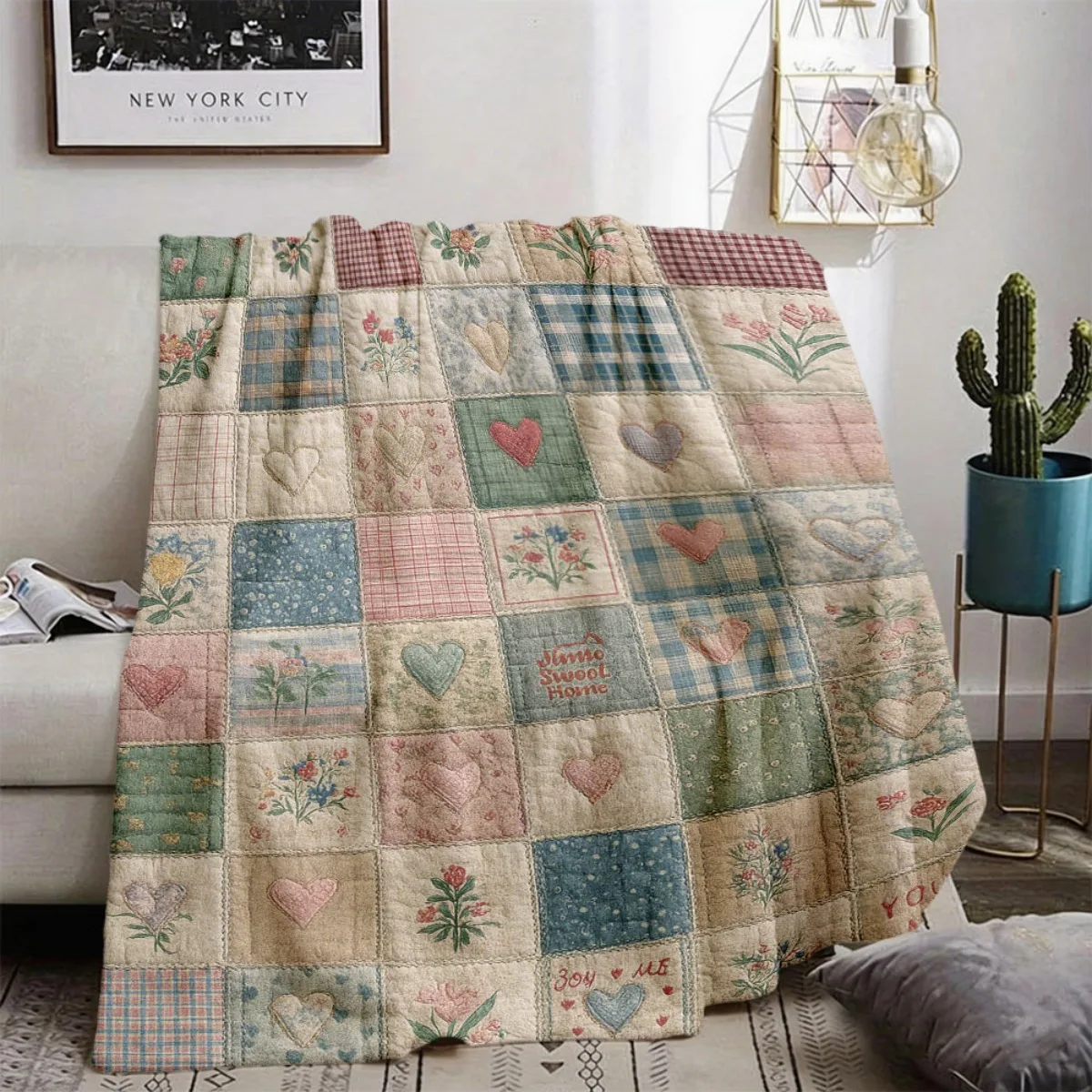 Vintage Patchwork Heart Floral Flannel Blanket, Countryside Quilt Art Throw for Living Room Bedroom & Warm Holiday Gift Picks