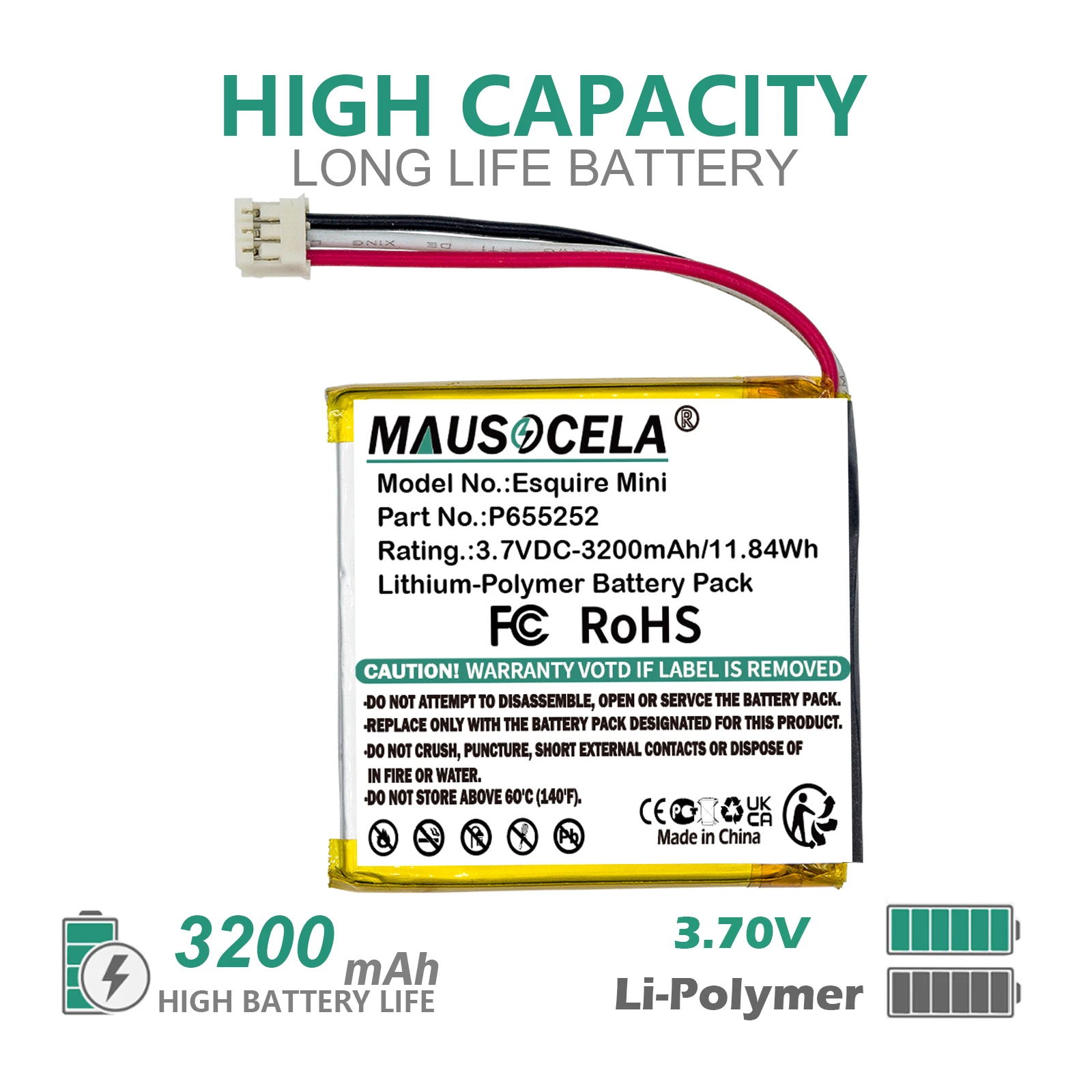 3200mAh Speaker For Harman/Kardon:P655252,Esquire Mini,--3200mAh/11.84Wh--Li-Polymer--3.70V