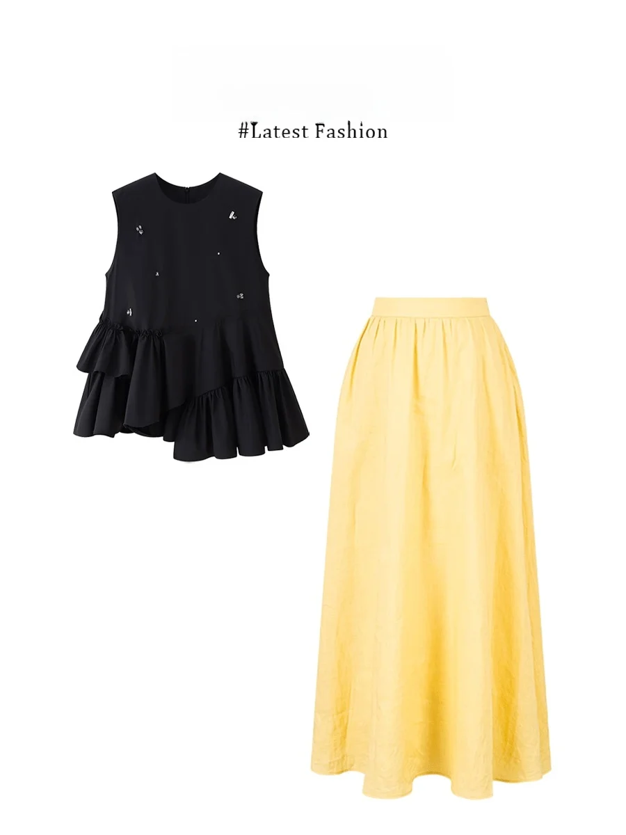 

Модный комплект с юбкой с высокой талией: топ и юбка в стиле Parkyeon, стройнящий силуэт, повседневный стиль, летняя коллекция для женщин