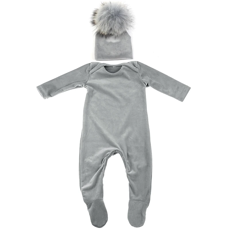 

Newborn Baby Girls Thicker Velvet romper bodysuit real fur pompom hats set Soft 0-9 month Kids long sleeves Footies Clothes