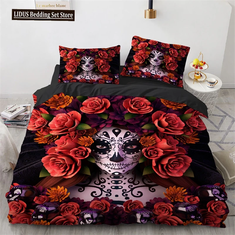 Skull Duvet Cover Queen Size Microfiber Vintage Sugar Skull Girl Day Of The Dead Bride With Dark Color Roses Graphic Bedding Set