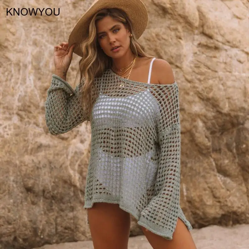 Schwimmen Vcay Sommer Covers Up Frauen Urlaub Beachwear Freizeit Lose Gestrickte Badeanzug Cover-Up Hohl-Out Design Pullover Suncare