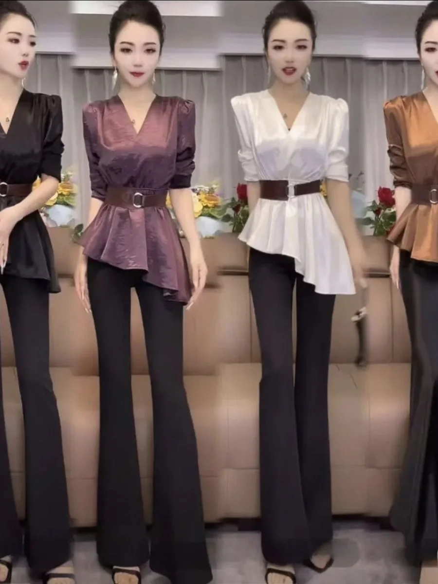 

Ele V-ne Design Sensation Uneven Hem Lace Trim Waist-cinching Versatile Women's Top 2025 New Sle Long Sve Color