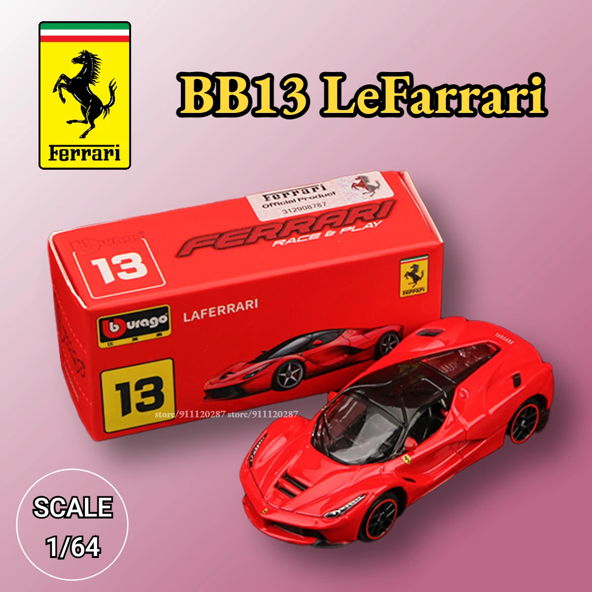 Bburago 1/64 Ferrari Mini Car Model, BB13 LeFarrari Scale F40 F50 488 GTB 458 Spider Diecast Miniature Art Replica Toy