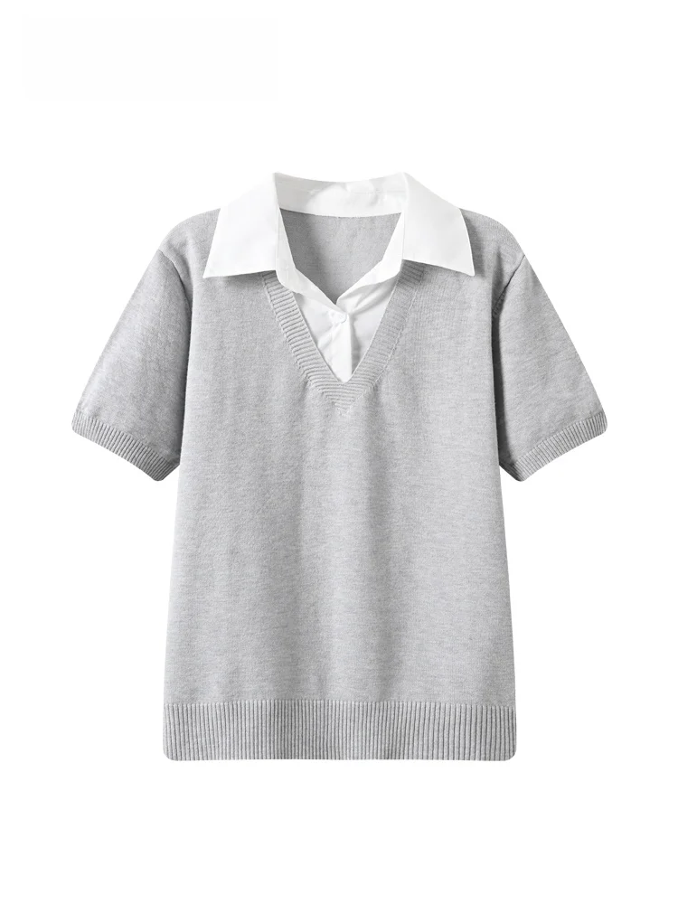 

Loose Short Sleeve T-Shirt Women's plus Size Summer New Style Meat Covering College Style Fake Two-Piece Polyester Fiber