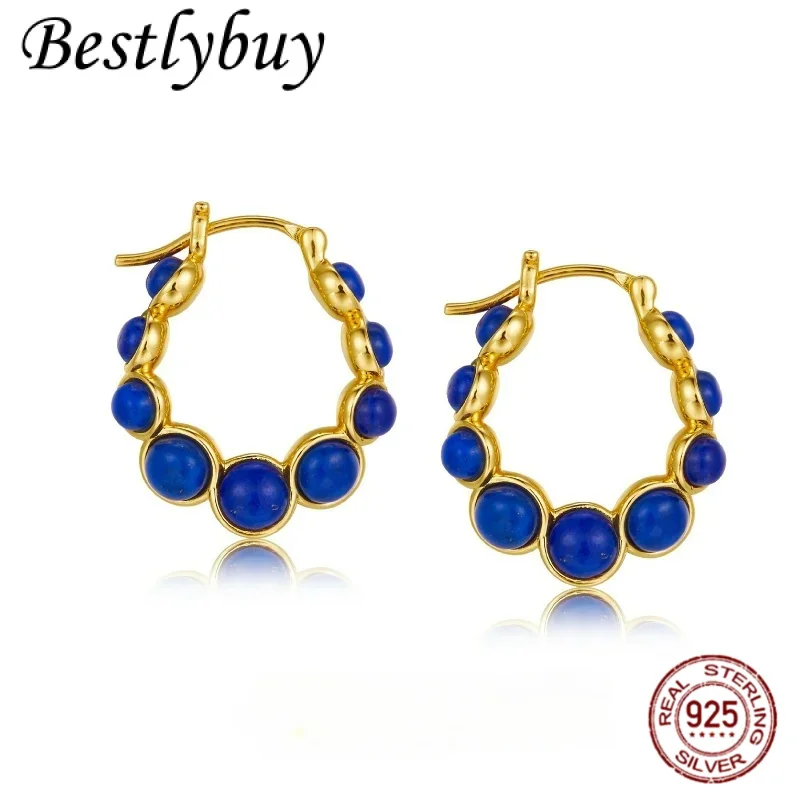 

Натуральный лазурит, бисер, серебро 925 пробы, позолоченные серьги-кольца для женщин, минималистичные изящные модные серьги, подарок любви