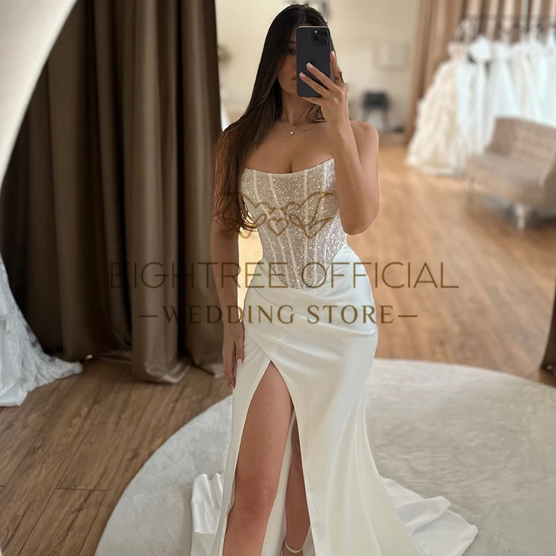 Eightree White Mermaid Wedding Dresses Strapless Sequines Side Slit Bridal Dress Formal Evening Wedding Prom Gowns Customized