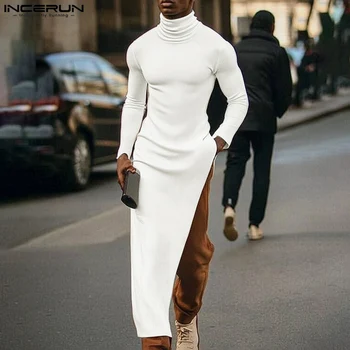 INCERUN חולצות 2024 סגנון אמריקאי אופנתי גברים טקסטורה מוצקה סוודרים רחוביים מכירה חמה צוואר גבוה שרוולים ארוכים פולוברים