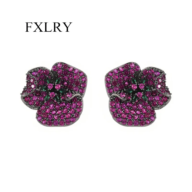 FXLRY Luxury Cubic Zirconia Red And Purple Flower Stud Earrings For Women Wedding Party Earing Jewelry