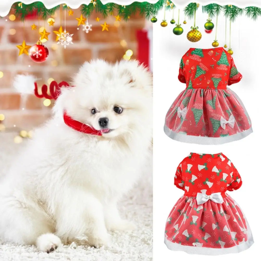 Christmas Dog Dress See-through Mesh Xmas Tree Bells Print Pet Dress Adorable Polyester Festival Pet Skirt Photograph Prop