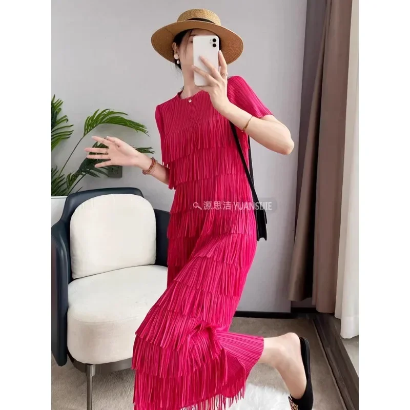 Miyake Folded Dress Women's Summer Fashion Tassel Design Slim and High End Medium Length Dress