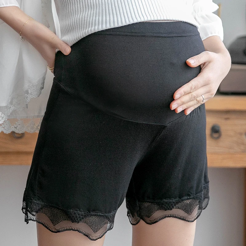 

Good Quality Summer Maternity Belly Shorts High Waist Hollow Out Lace Ruffles Patchwork Pregnant Woman Safty Pants Trousers Cute