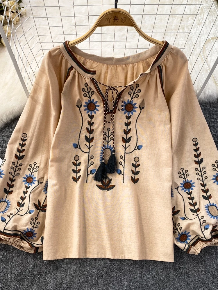 Loose Cotton Linen Embroidered round Ne Pullover irt Women's Casual Top Ethnic Sle Spring Autumn Retro Artistic Faion