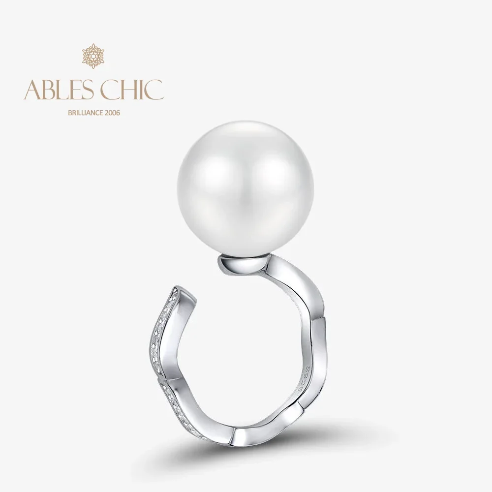 Ables Chic Real Silver Shell Pearl Contemporary Open Ring Paved Minimalist Adjustable Solitaire Rings S2R1S2R1763